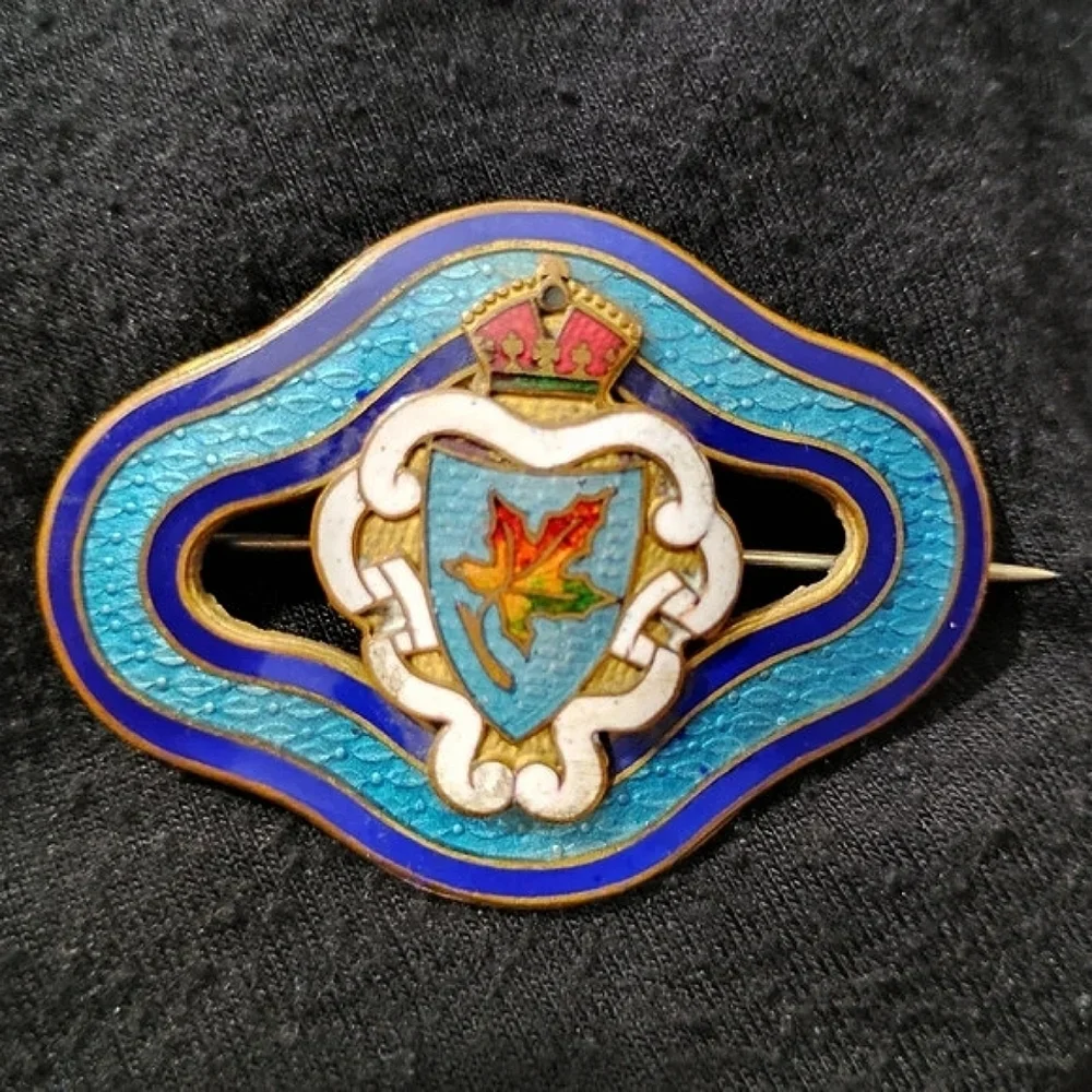 Antique Brooch Guilloche Enamel Canada Maple Leaf Shield Crest Long Arm Pin